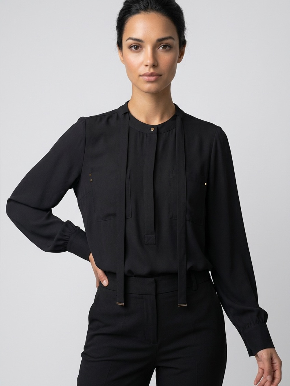 White House Black Market Black Tie-Neck Long Sleeve Blouse
